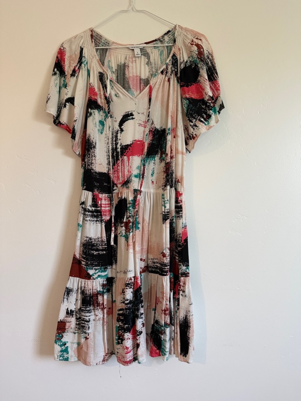 Nine West Abstract Brushstroke Tiered Dress in Cream and Multi-Color